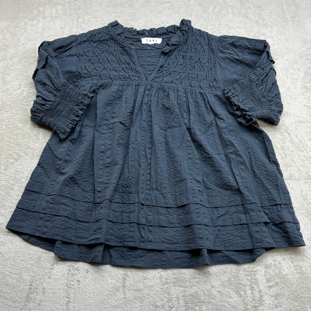 THML Smocked Cotton Gauze Top Women's L Navy Babydoll Cottagecore Boho Peasant